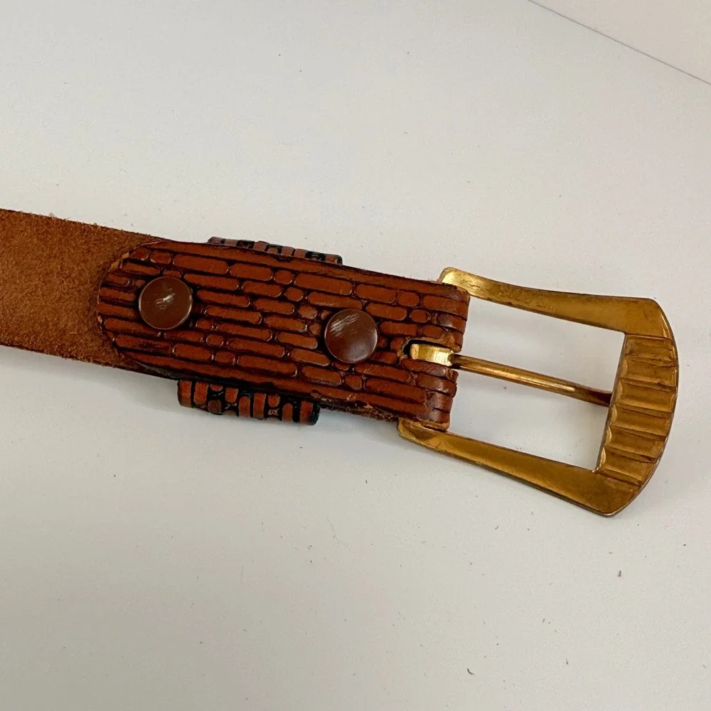 Pioneer Cowhide‎ Hand Stained Leather Belt Brown Embossed Brick Pattern retro 38